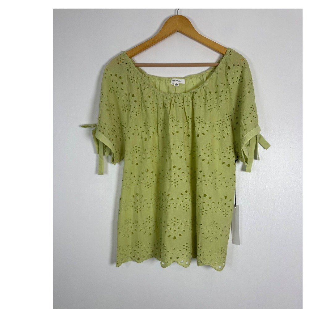 Cottagecore Zoey & Leelo Women XL Eyelet Blouse Lime Green Short Sleeve Tie Cuff